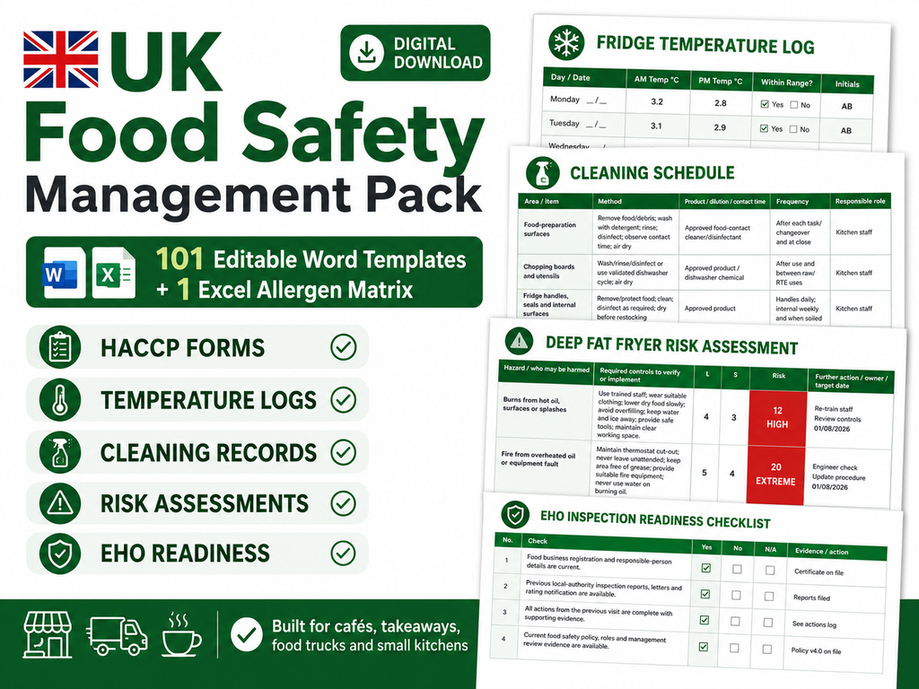 UK Food Safety Management Pack – Editable Templates, Printable Logs & Compliance Records