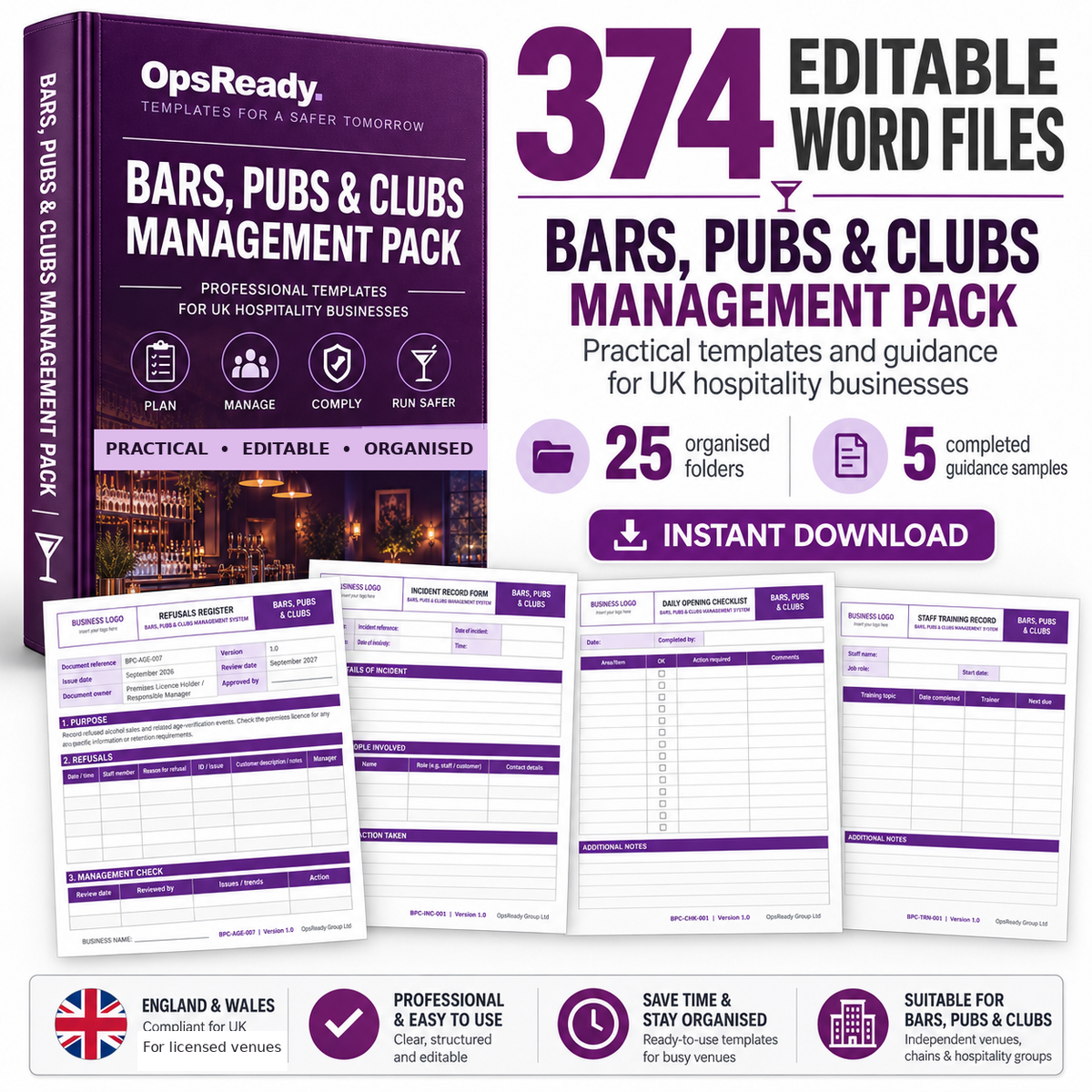 OpsReady Bars, Pubs and Clubs Management Pack with 374 editable Word files