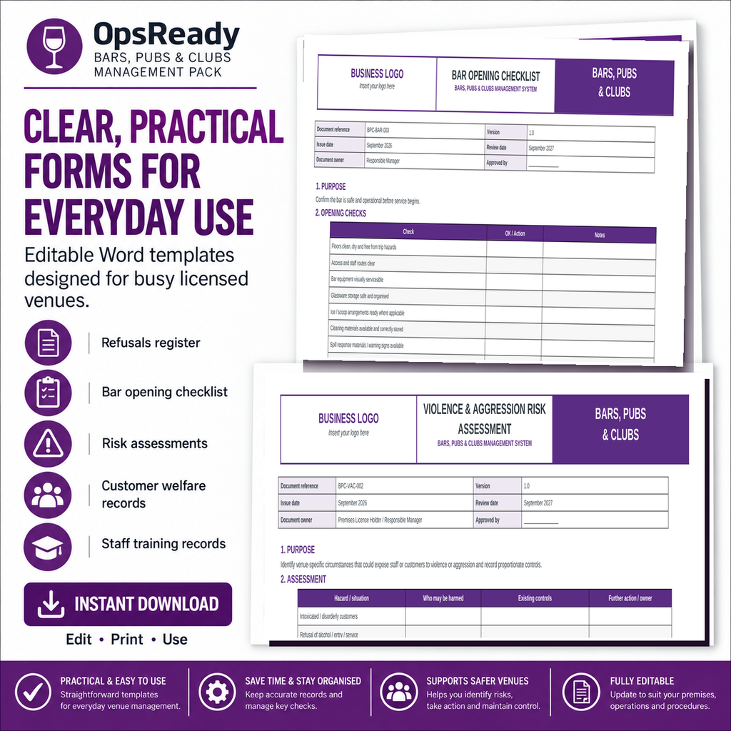 Actual editable Word template examples for Bars, Pubs and Clubs