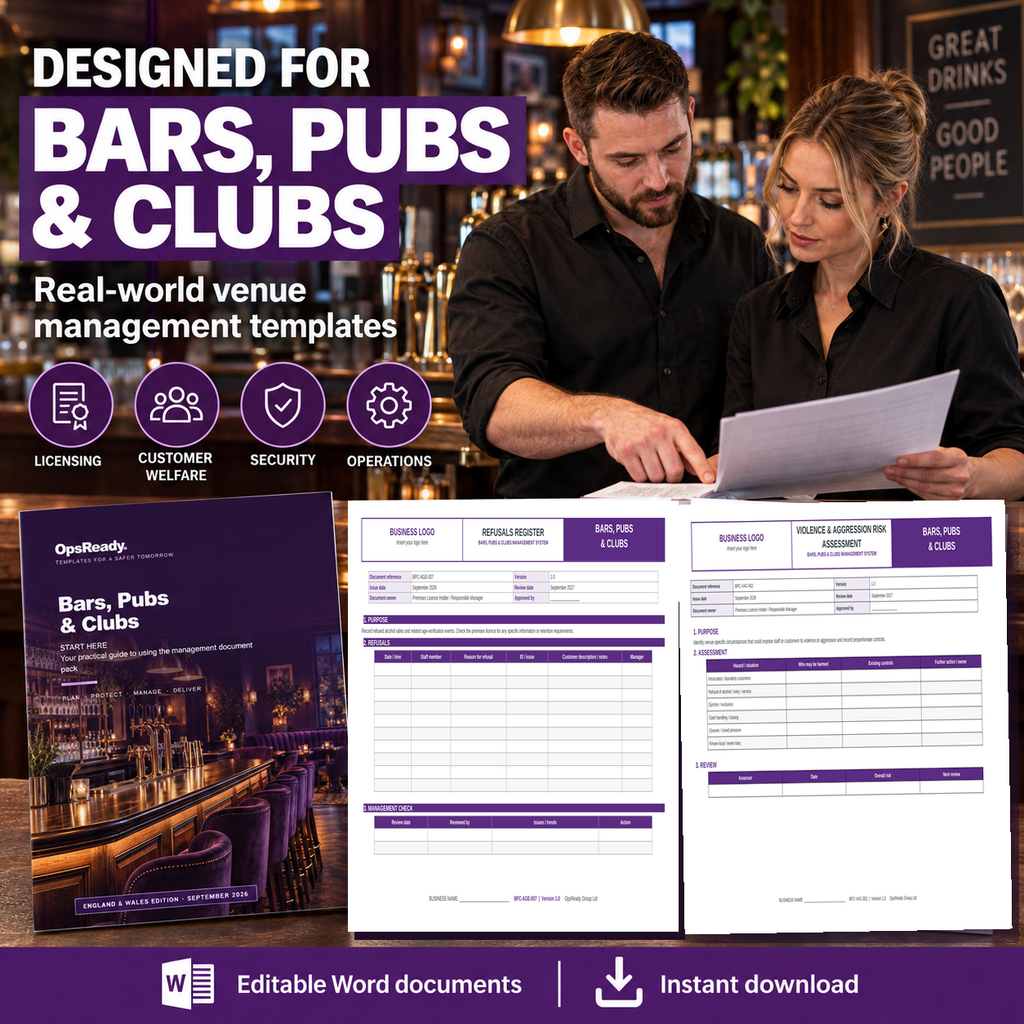 Bars, Pubs and Clubs venue management templates and document previews