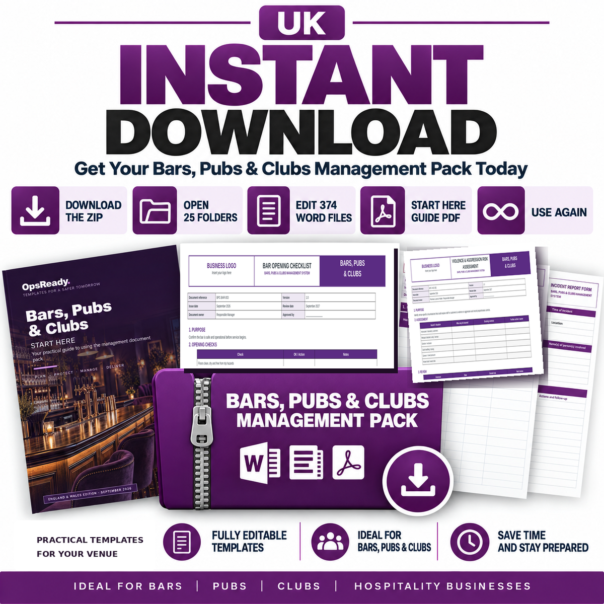 Instant digital download guide and editable Bars, Pubs and Clubs templates